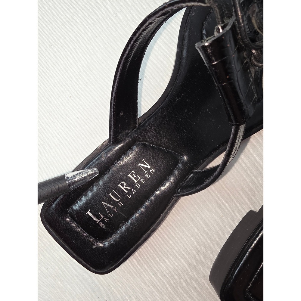 Lauren Ralph Lauren Black Croc Embossed Fringe Thong Sandals sz6.5 SquareToe 368 - Picture 5 of 8
